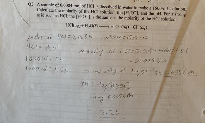 A sample of 0.0084 mol of hcl is dissolved